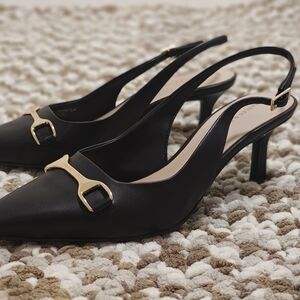 Charles & Keith Black Slingback Heels Gold Buckle Size 38